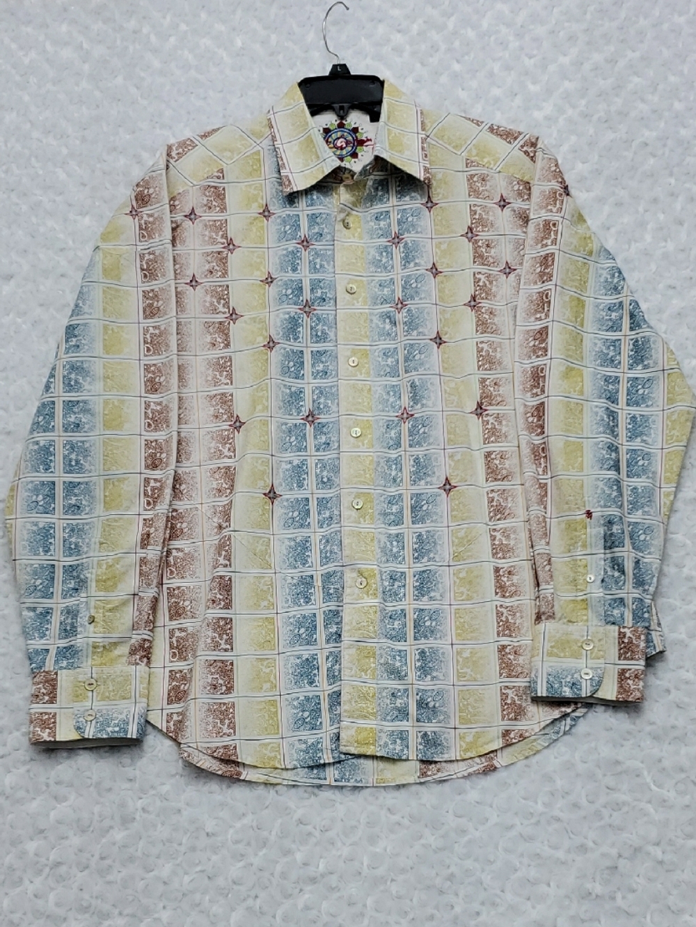 Robert Graham Multicolor Blue Yellow Brown Grid-Print Button-Down Shirt